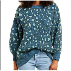 Farm Rio Green Leopard Knit Sweater Teal Blue Sz Small
